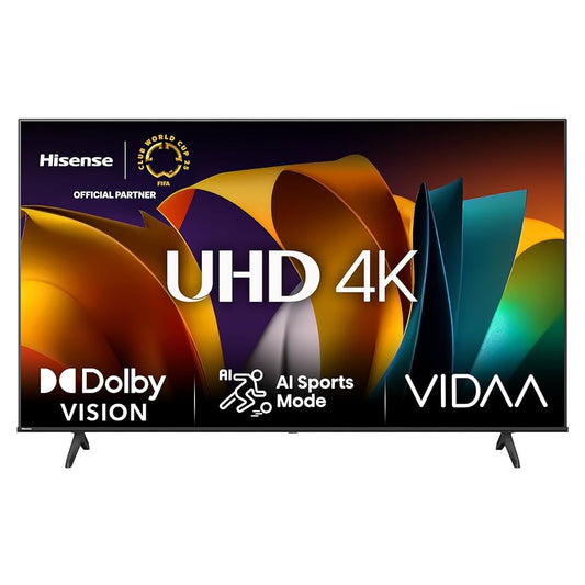 Hisense TV with UHD 4K, Dolby Vision, and VIDAA branding on a white background